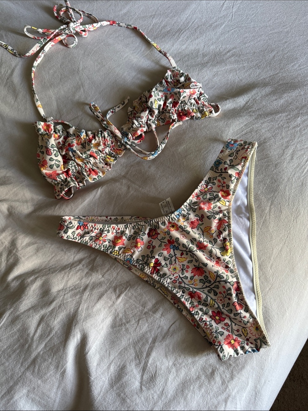 Floral Ruffled Bikini Set - Cream with Pink & Yellow Flowers